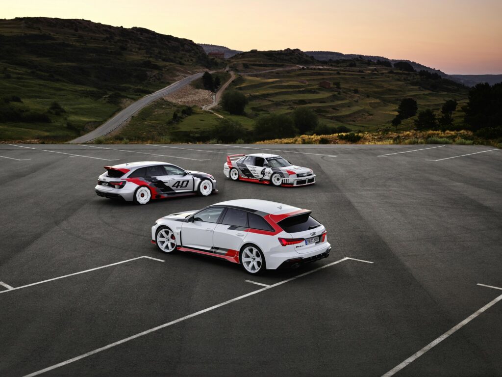 Audi RS 6 Avant GT, RS 6 GTO concept, Audi 90 quattro IMSA GTO stehend auf einem Parkplatz